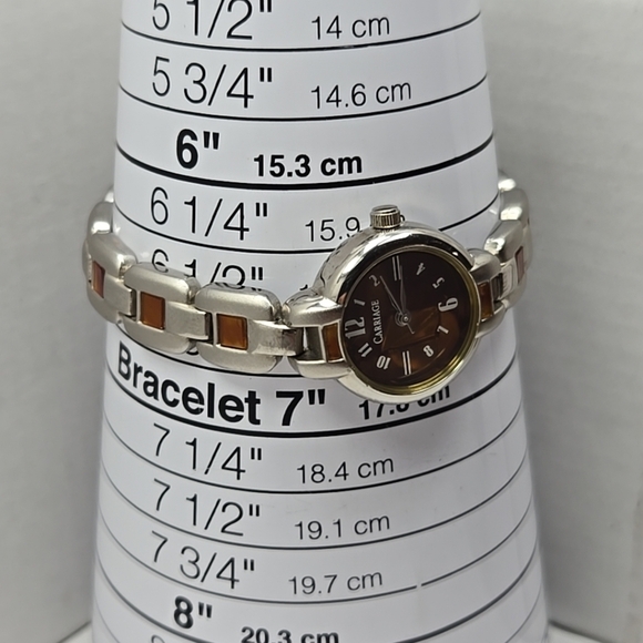 Womens Carriage By Timex Quartz Watch Silver Tone Amber Brown MOP New Battery - Picture 6 of 9